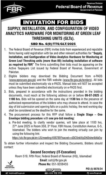 Federal Board of Revenue Islamabad Tender Notice